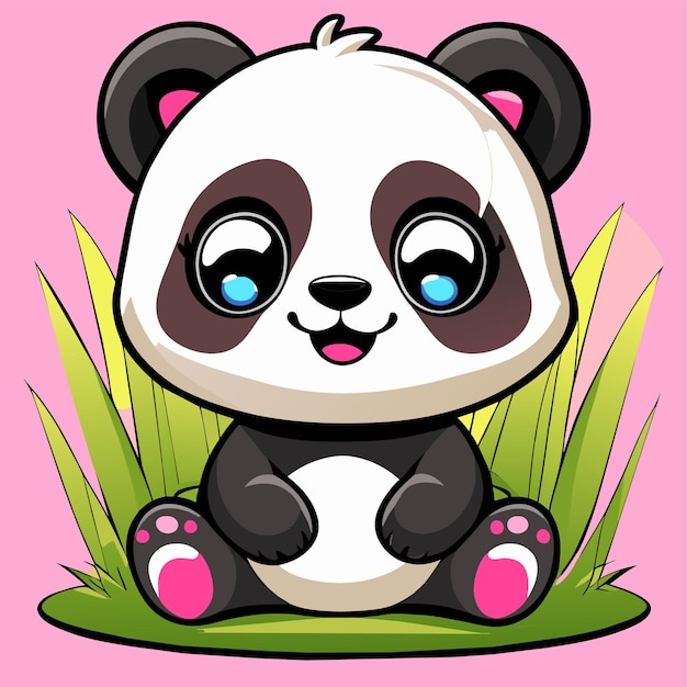 Vector schattige babypanda zittend in de gras hand getekende cartoon sticker pictogram concept geïsoleerde illustratie