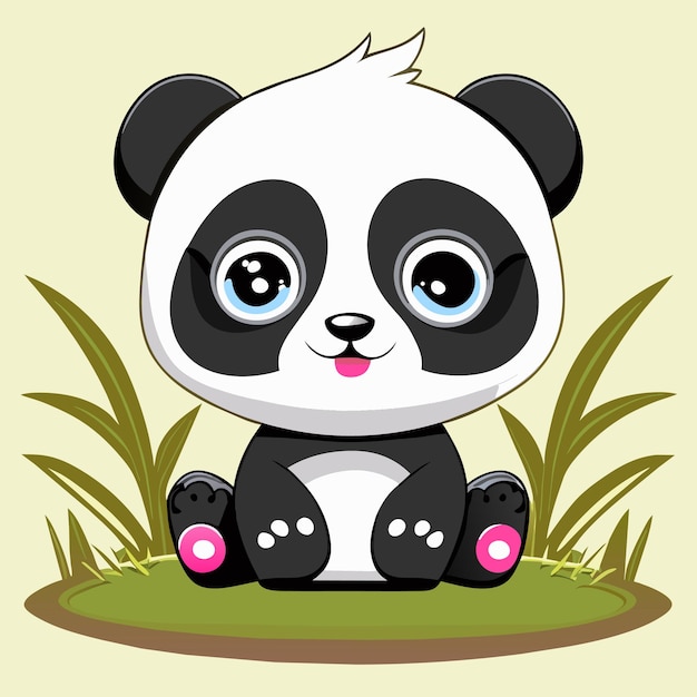 Schattige babypanda zittend in de gras hand getekende cartoon sticker pictogram concept geïsoleerde illustratie