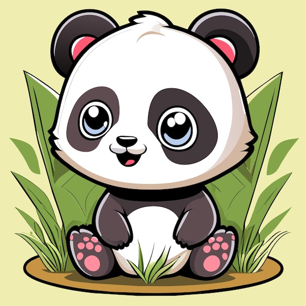 Vector schattige babypanda zittend in de gras hand getekende cartoon sticker pictogram concept geïsoleerde illustratie