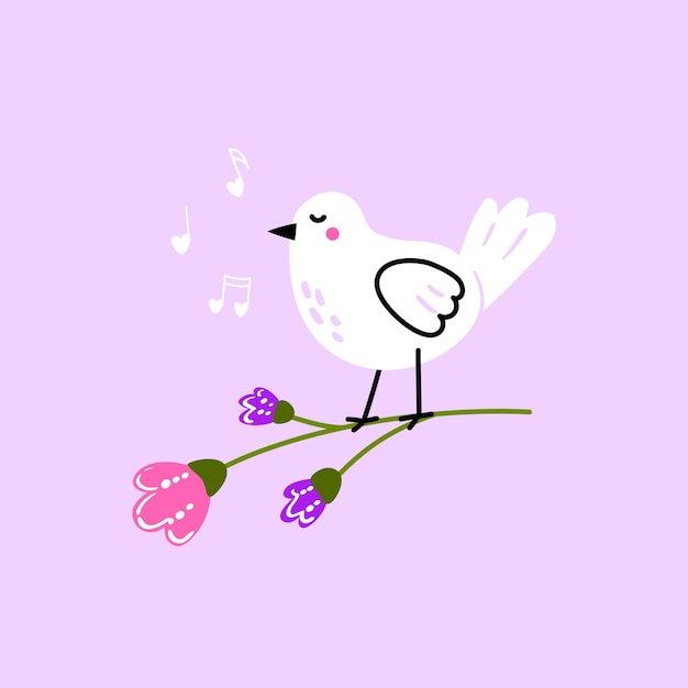 Schattige babyvogel die op een takje staat en een mooi lied zingt Vectorillustratie