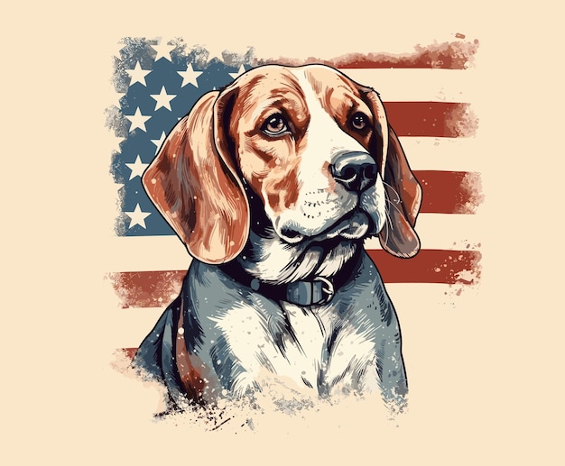 Vector schattige beagle en usa vlag achtergrond traditionele feestdagen concept