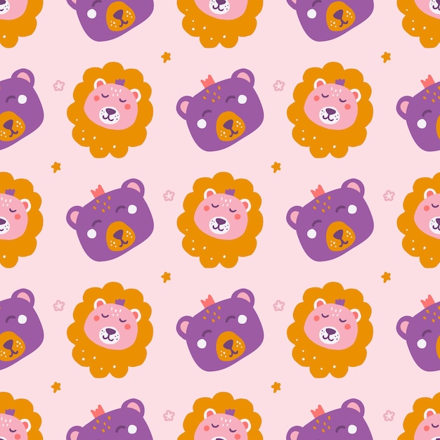Schattige beer en leeuw gezichten op roze achtergrond vector naadloze patroon