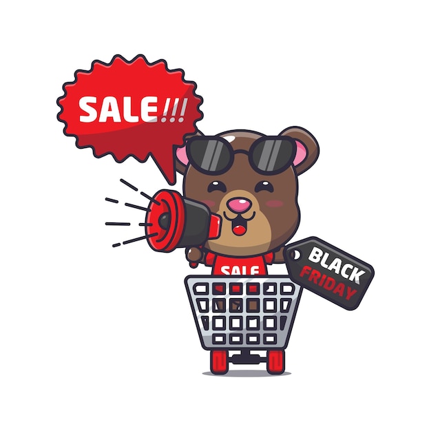 Schattige beer in zwarte vrijdag cartoon mascotte illustratie