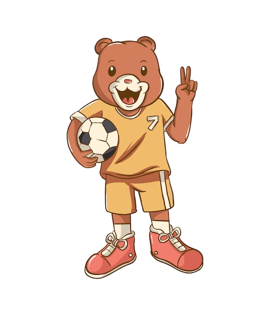 Schattige beer mascotte cartoon illustratie ontwerp met een bal als voetballer