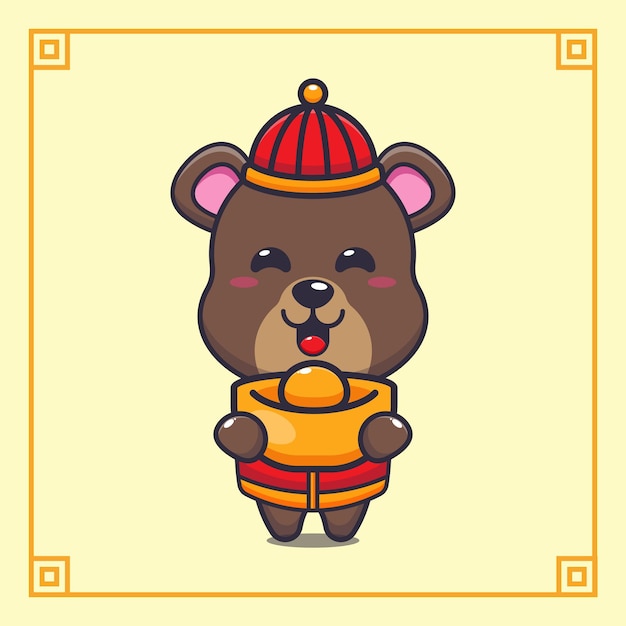 Schattige beer met goudstaaf in chinees nieuwjaar.
