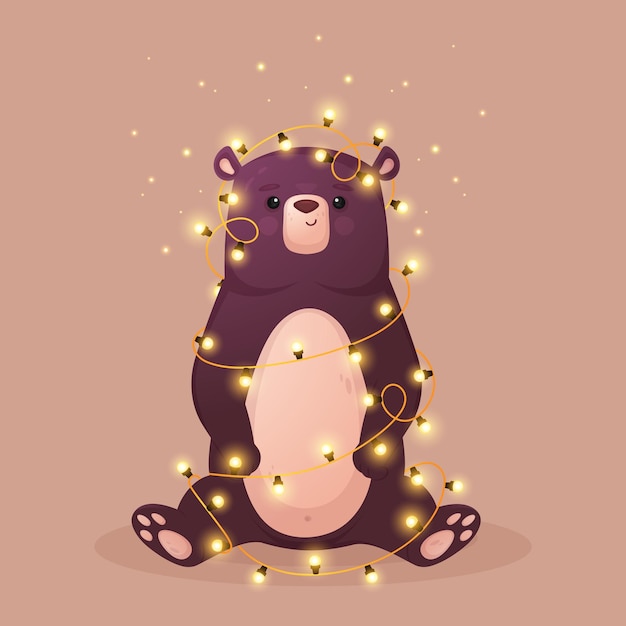 Schattige beer met vuurvliegjes, grappige teddybeer, vectorillustratie