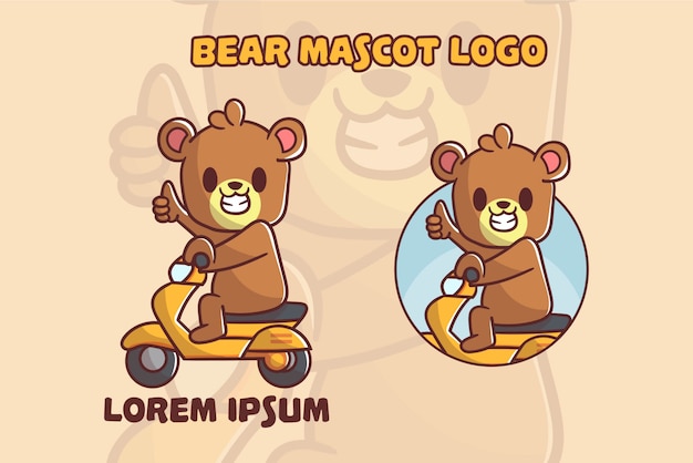 Schattige beer rijden scooter mascotte logo set