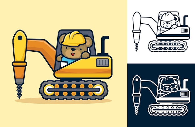 Vector schattige beer rijdende tractor met boor. cartoon afbeelding in platte pictogramstijl