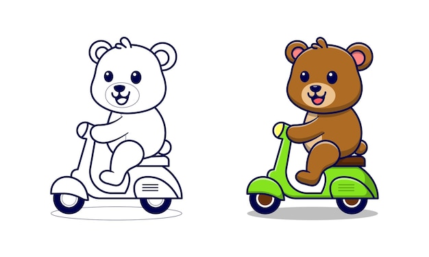 Schattige beer rijdt op een motor cartoon kleurplaten voor kinderen
