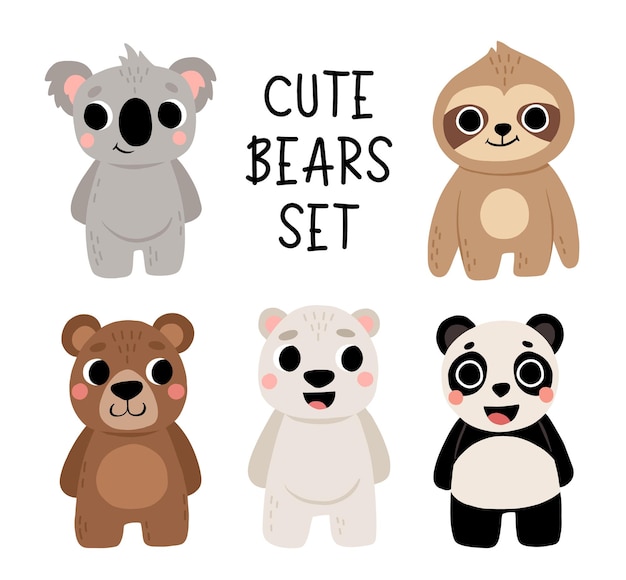 Schattige beer set Panda koala grizzly polar luiaard Kawaii stripfiguur Baby wenskaartsjabloon Notebook cover tshirt