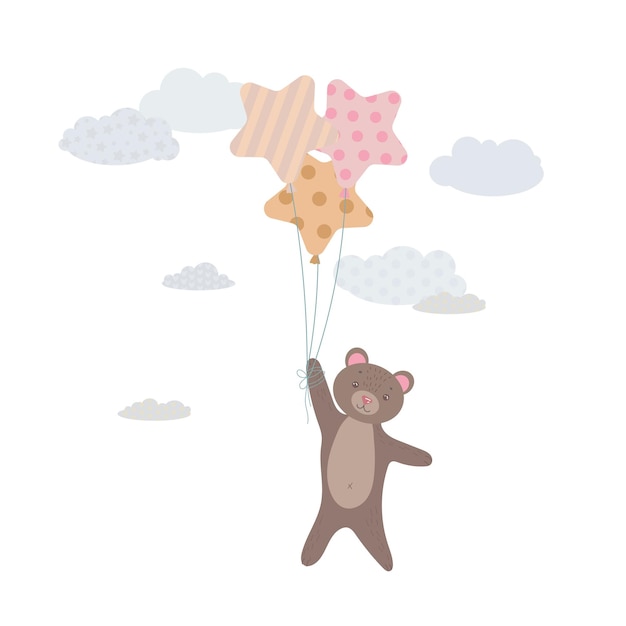 Schattige beer welp vliegt op ballonnen bruine beer tussen de wolken ballonnen en luchtschip kinder illustratie cute print vector geïsoleerd op een witte achtergrond