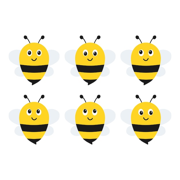 Vector schattige bijen set cartoon vliegende honingbij met emotie insect karakter vector geïsoleerd op wit