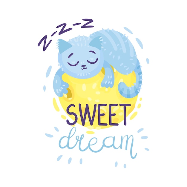 Schattige blauwe kat slaapt op de gele maan Belettering Sweet Dream Vector illustratie op een witte achtergrond