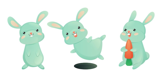 Schattige blauwe konijntjes in de set Geïsoleerde afbeelding van baby konijnen zitten springen konijn konijn met een wortel op een witte achtergrond Vector illustratie