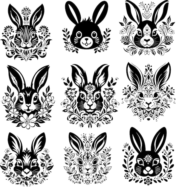 schattige bloem konijn silhouet zwart-wit vector illustratie