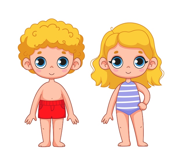 Schattige blonde meisje in een badpak en een jongen set van kinderen in strand kleding illustratie kind