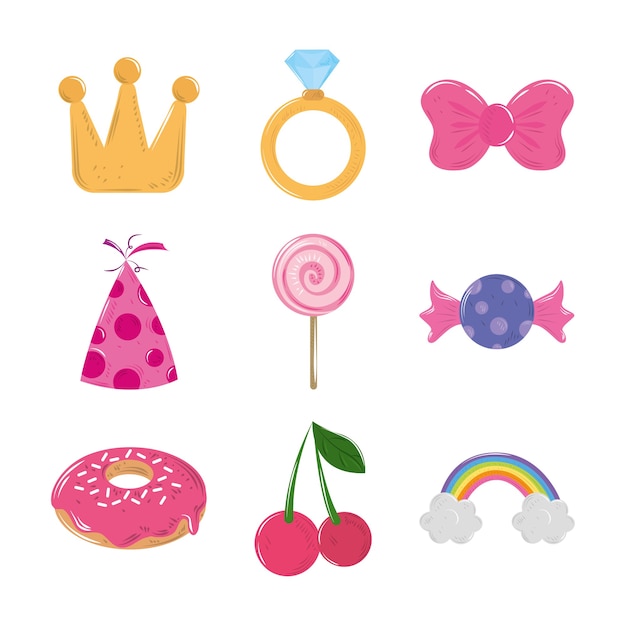 schattige boog regenboog kroon ring kers cartoon decoratie pictogrammen