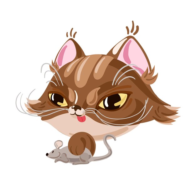 Schattige bruine kat met muis Vectorillustratie van baby kat Cute kitten Cat head