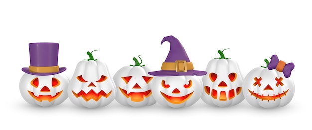 Schattige cartoon 3d Halloween-pompoen met eng gezicht en spook met hoed Halloween-concept Vectorillustratie