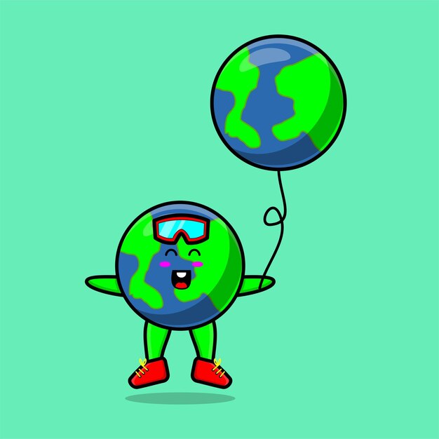 Schattige cartoon aarde zwevend met aarde wereld ballon cartoon vectorillustratie in concept 3D-carto