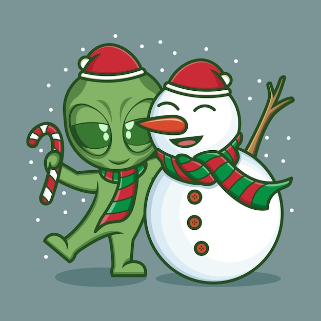 schattige cartoon alien met sneeuwpop