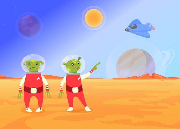 Schattige cartoon aliens in ruimtepak vlakke afbeelding