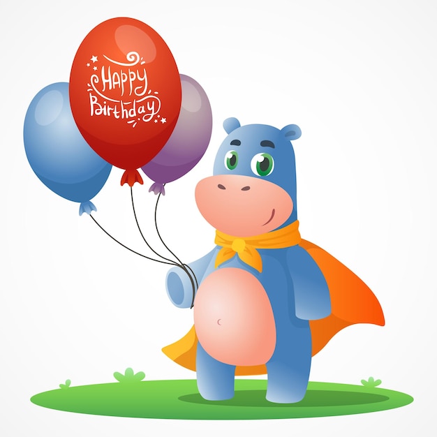Schattige cartoon ansichtkaart met nijlpaard in heroïsche oranje mantel die op het gras staat en ballonnen vasthoudt