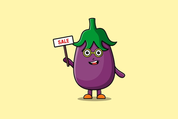 Schattige cartoon Aubergine karakter met verkoop teken ontwerpen in platte cartoon conceptstijl