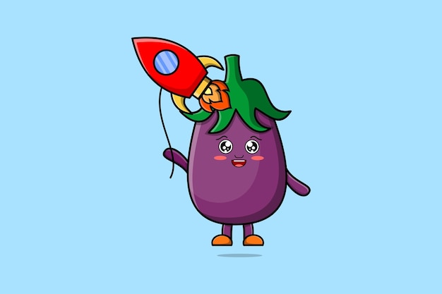 Schattige cartoon Aubergine zwevend met raket ballon cartoon vectorillustratie