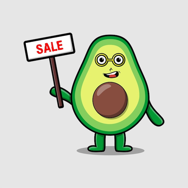 Schattige cartoon avocado karakter bedrijf verkoop teken ontwerpen in concept 3D cartoon stijl