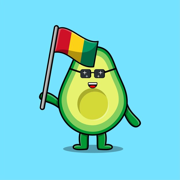 Schattige cartoon Avocado-mascotte karakter met de vlag van Guinee in modern design
