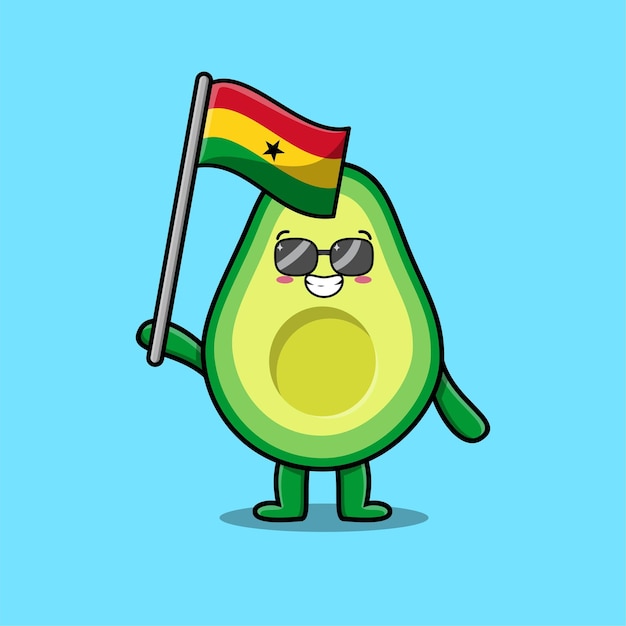Schattige cartoon Avocado mascotte karakter met vlag van Ghana land in modern design