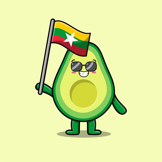 Schattige cartoon Avocado mascotte karakter met vlag van Myanmar Country in modern design