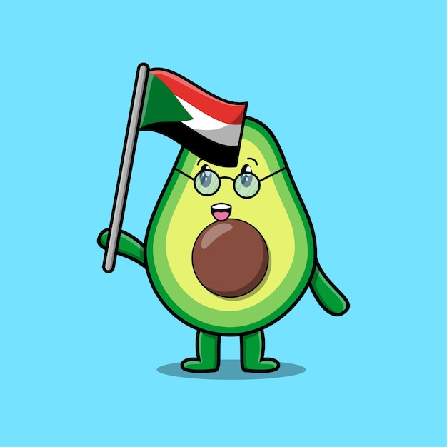 Schattige cartoon Avocado mascotte karakter met vlag van Soedan land in modern design