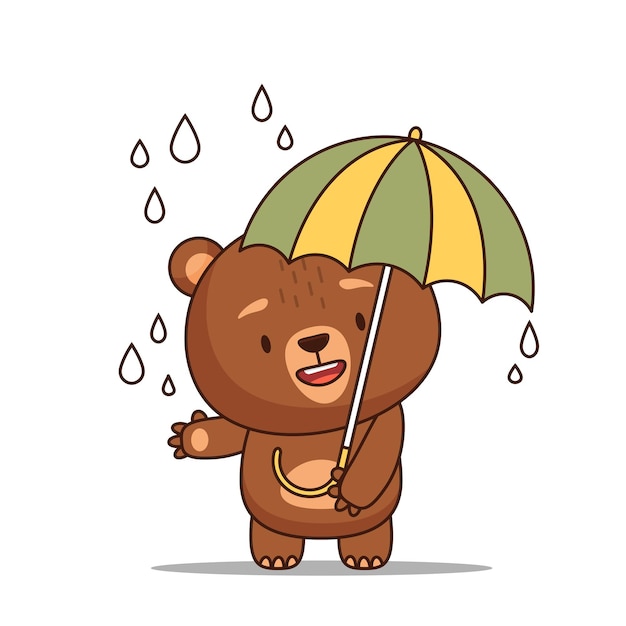 Schattige cartoon baby beer staande in de regen met paraplu. Veerelement voor print, ansichtkaart en poster. vector illustratie
