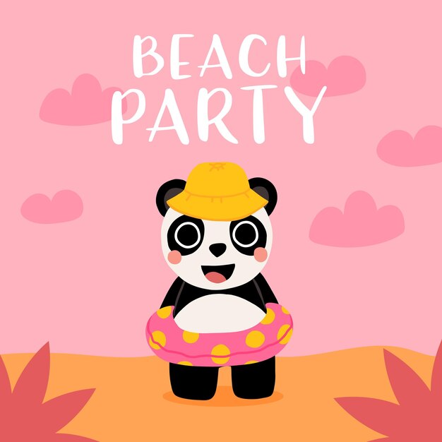 Schattige cartoon baby panda in hoed en zwemring glimlachend op het strand Zomer vector illustratie voor kinderboek poster t-shirt