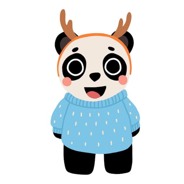 Schattige cartoon baby panda in trui met gewei glimlachend Geïsoleerde winter vectorillustratie voor kinderboek