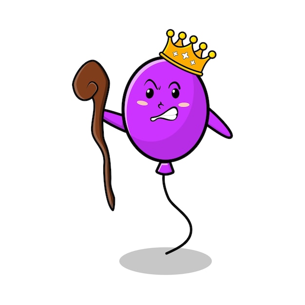 Schattige cartoon ballon mascotte als wijze koning met gouden kroon en houten stok schattig moderne stijl ontwerp voor tshirt sticker logo element