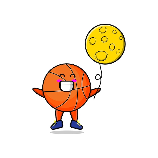 Schattige cartoon basketbal drijvend met maan ballon cartoon vectorillustratie