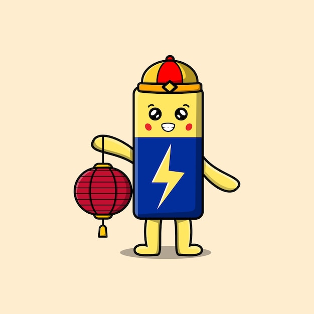 Schattige cartoon batterij chinees karakter met lantaarn in vector pictogram illustratie
