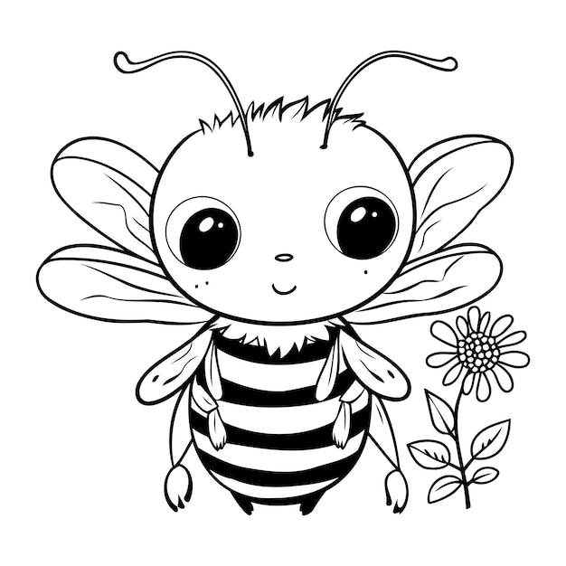 Schattige cartoon bee met bloem Zwart-wit vectorillustratie