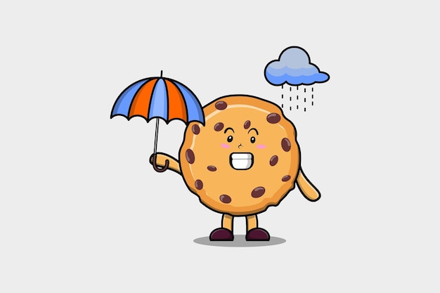 Schattige cartoon Biscuits karakter in de regen en met behulp van een paraplu in plat modern stijl design