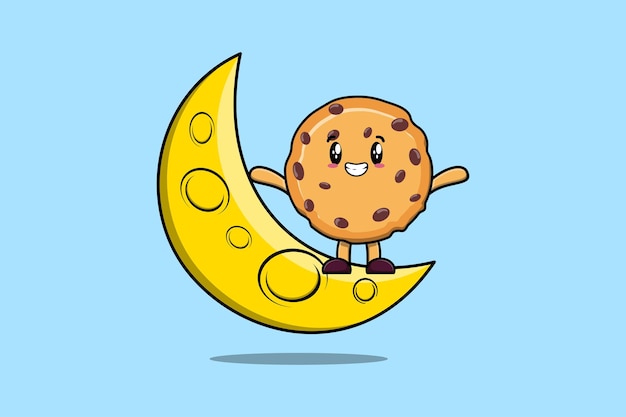 Schattige cartoon Biscuits karakter staande op de wassende maan in 3D-moderne ontwerp illustratie