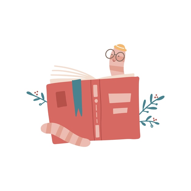 Schattige cartoon boekenwurm met bril en hoed lezen achter een boek platte hand getekende vectorillustratie