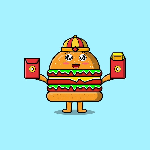 Schattige cartoon Burger chinees karakter met rode pakketten vector pictogram illustratie