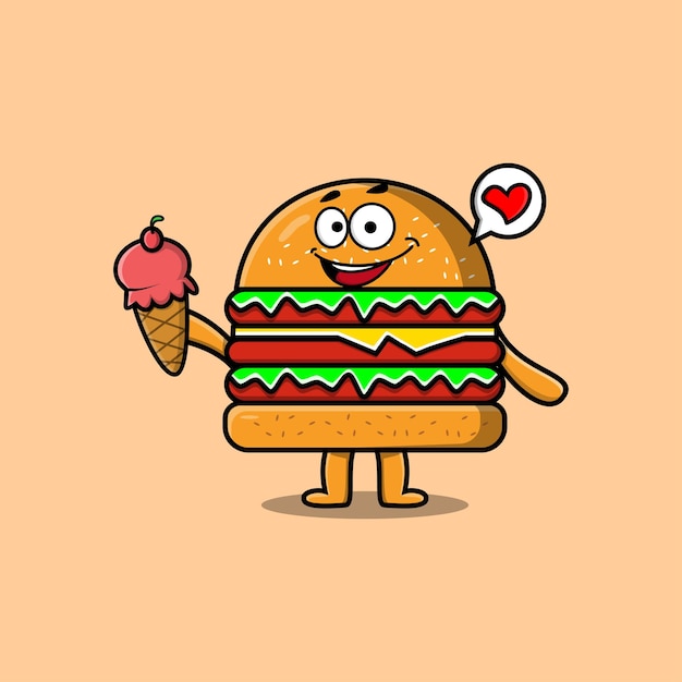 Schattige Cartoon Burger karakter met ijsje in moderne schattige stijl illustratie