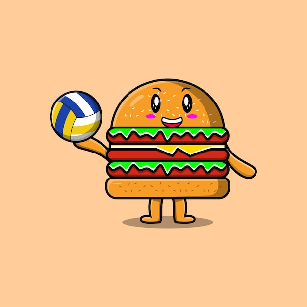 Schattige cartoon Burger karakter spelen volleybal in platte cartoon stijl illustratie