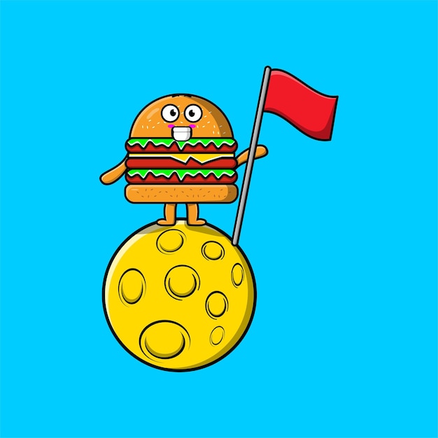 Schattige cartoon Burger karakter staande op de maan met vlag in platte moderne ontwerp illustratie