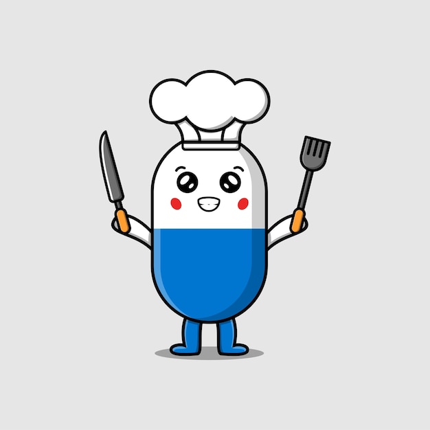 Schattige cartoon capsule geneeskunde chef-kok karakter met mes en vork in platte cartoon afbeelding
