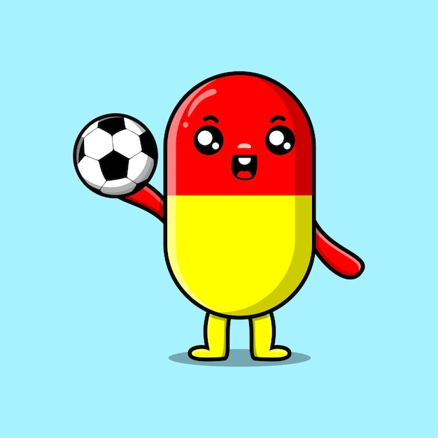 Schattige cartoon capsule geneeskunde karakter voetballen in concept platte cartoon stijl illustratie